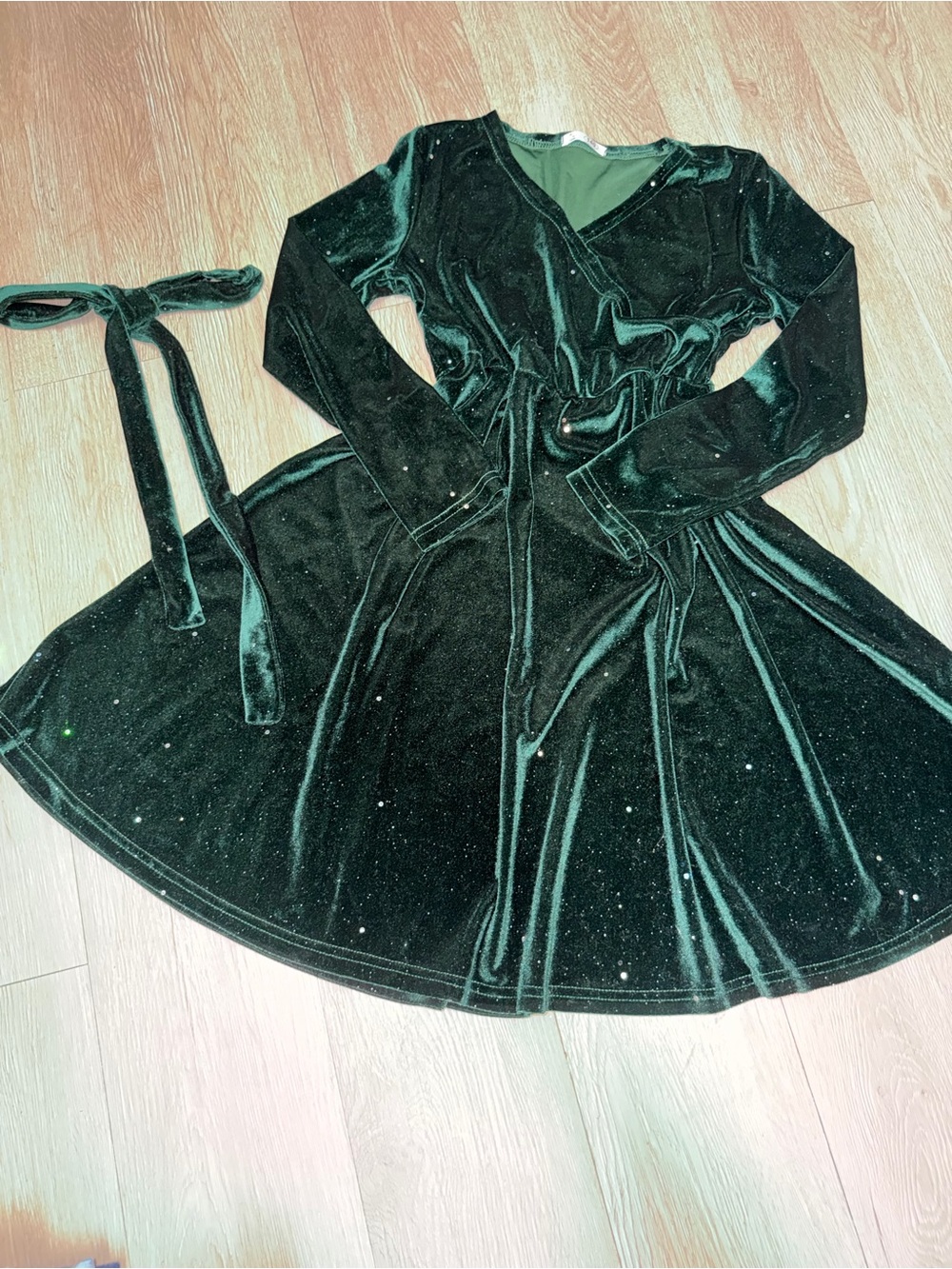 Kids Velvet Green Sparkle Dress with Belt